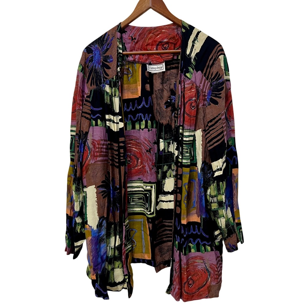 Fitting Image Vintage 90s Abstract Art Print Rayon Open Front Cardigan Top 24W